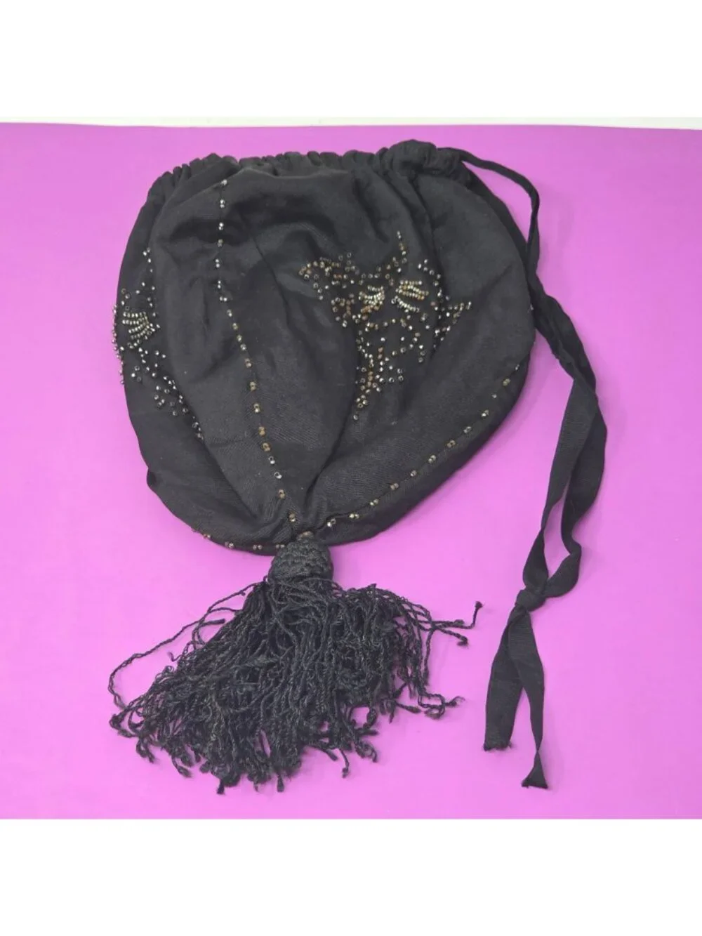 Antique Black Drawstring Beaded Purse Tassel & Rhinestone Detailing  Vintage Bag